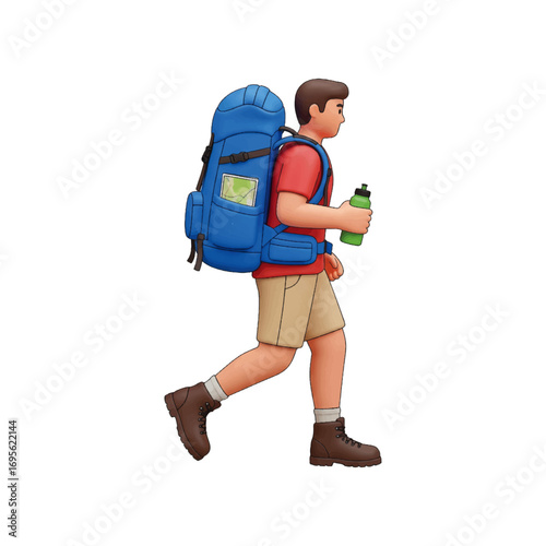 3D vector illustration, hiker with backpack and water bottle, adventure lifestyle