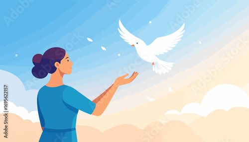 Illustration of a woman letting go of a white dove, symbolizing peace, freedom, hope, and new beginnings