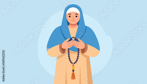 Devout Muslim woman in a hijab holding prayer beads, embodying spirituality and Islamic faith in a vector illustration