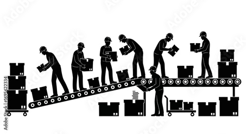 Workers on a conveyor belt assembling boxes in a factory.