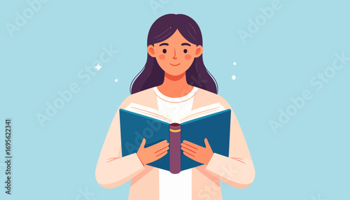 Happy young woman enjoying a good story from an open book. Vector illustration representing the concept of literature, learning, and self-education
