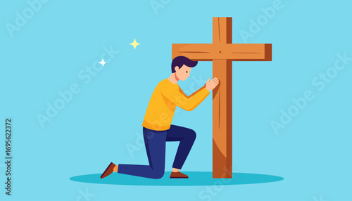 A devout person finds solace and hope through prayer, kneeling reverently beside a humble wooden cross, embodying spiritual devotion and faith in challenging times