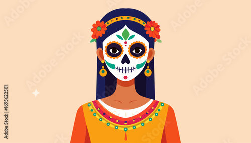A vibrant and beautiful illustration of a woman with traditional sugar skull makeup celebrating a cultural festival of remembrance