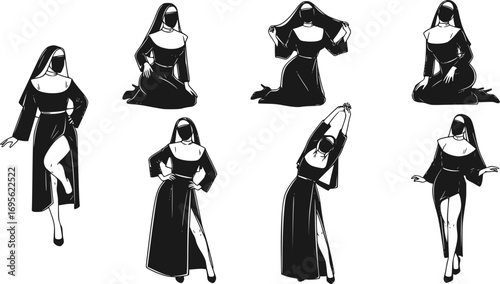 Silhouettes of Nuns Vector Set – sexy nuns, Religious Women in Traditional Habit Christian Illustration Collection,