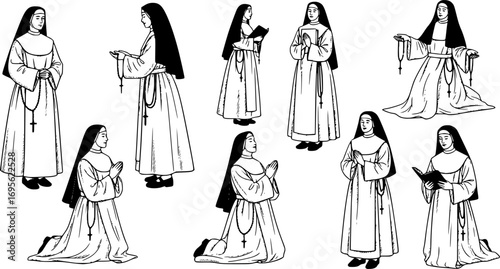 Silhouettes of Nuns Vector Set – sexy nuns, Religious Women in Traditional Habit Christian Illustration Collection,