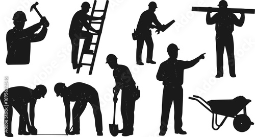Builder People Silhouette Vector Set – Construction Workers in Hard Hats Labor Workforce Illustration Collection