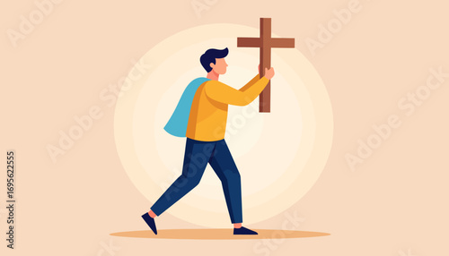 Brave young man depicted as a hero with a cape, carrying the Christian cross as a symbol of his faith, hope, and spiritual journey