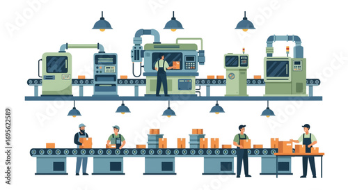 Automated industrial manufacturing process with workers and machines.
