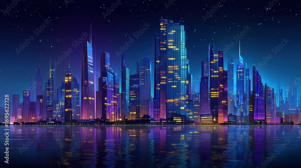 Fototapeta premium A vibrant, futuristic city skyline illuminated with neon lights, reflected on calm water under a starry night sky