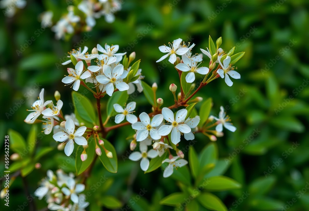 Fototapeta premium Delicate white blossoms and vibrant green foliage stand out against a lush green backdrop, macro, foliage