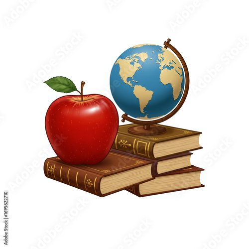 Classic Education Scene with Apple, Globe, and Books Illustration on White Background