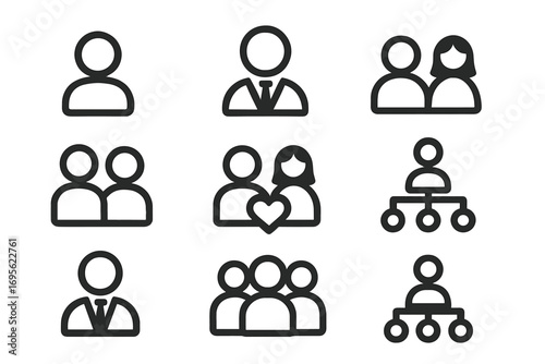 People icon set for business and relationships. Vector line icons of team, group, couple in love, hierarchy, manager, employee, and user for web and graphic design.