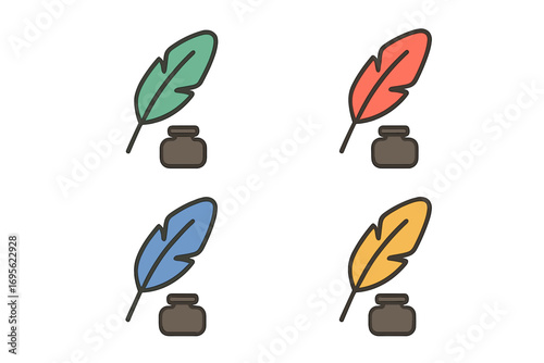 Quill pen and inkwell colorful icon set. Feather with ink pot logo symbol. Concept of writing, author, poet, literature, history, law, education, letter, message, signature. Vector.