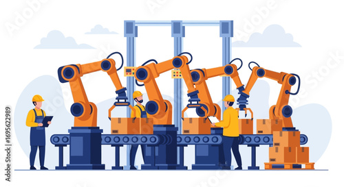 Automated industrial robots working on production line with workers.