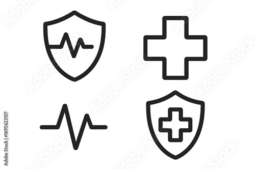 Medical protection icon set. Health insurance symbol. Shield with heartbeat pulse line and medical cross. Vector minimal illustration for cardiology, first aid, and safety.
