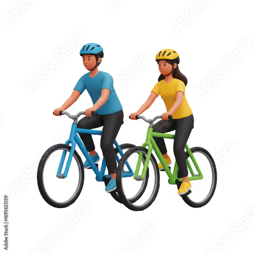 3D vector illustration, man and woman riding bicycles together with helmets, eco transport lifestyle
