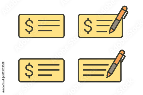 Bank check and pen icon set. Concept of payment, salary, payroll, and financial transaction. Signing a cheque. Money, banking metaphor. Vector cartoon pictogram for web, apps.
