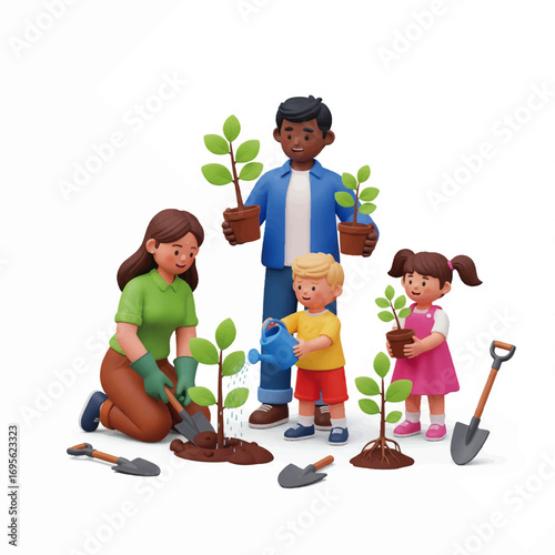 3D vector illustration, family planting trees together, eco lifestyle