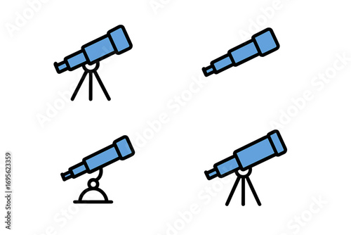 Telescope icon set for astronomy and science. Vector linear filled icons for observation, discovery, and exploration. Pictogram collection for web, apps, and graphic design.