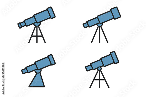 Telescope icon set. Concept astronomy, science, discovery, exploration, vision, research, looking into future. Simple spyglass pictogram. Flat vector graphic for web, apps, ui.