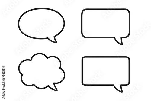 Set of speech bubble outline icons for communication. Vector talk and thought bubbles for chat, messages, comics, and quotes. Dialogue sign for web, graphic design, apps.