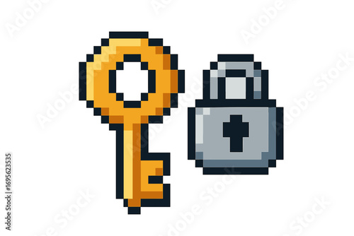 Pixel art key and lock icon set. 8-bit game asset sprite. Golden key, silver padlock for unlocking secrets. Concept of security, access, solution, privacy, safety.