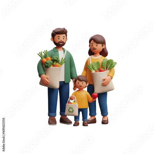 3D vector illustration, a happy family grocery shopping with reusable bags and fresh vegetables, eco-friendly lifestyle