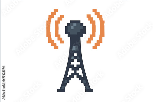 Radio tower pixel art icon. 8-bit communication broadcast station. Wireless signal transmission antenna. Retro video game style vector illustration. Network symbol concept.