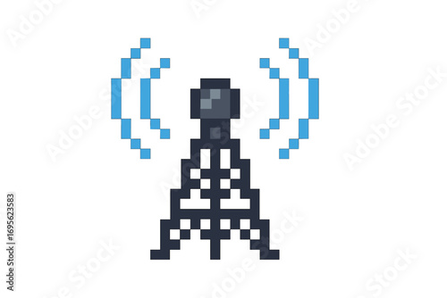 Pixel art radio tower icon broadcasting a signal. 8-bit cartoon vector illustration of a communication station. Retro video game sprite of an antenna transmitting waves.