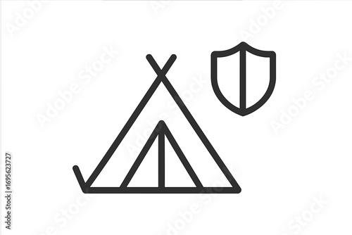 Camping safety and travel insurance concept icon. Secure outdoor adventure and protected shelter symbol. Tent and shield for safe tourism, hiking and trekking. Line art vector.