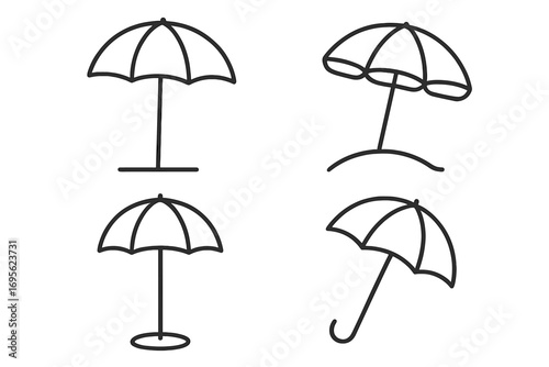 Beach parasol and rain umbrella icon set. Simple linear outline vector collection for sun and weather protection. Sunshade symbol for web, apps, or cards. Editable stroke.