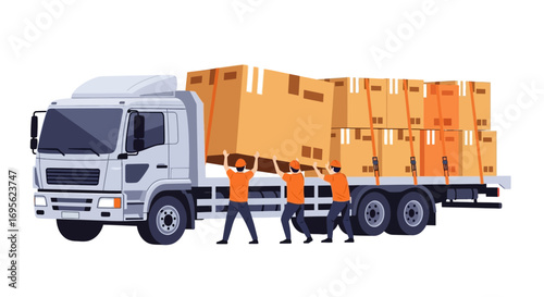 Workers loading cardboard boxes onto a large delivery truck for transport.