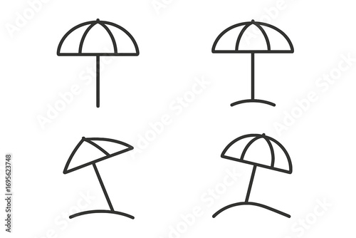 Beach umbrella, parasol, sunshade outline icon set. Simple linear icons for summer vacation, travel, and sun protection. Minimalist vector graphic with editable stroke.