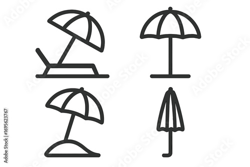 Beach parasol and sunshade line icon set with editable stroke. Summer vacation concept with lounge chair for sun protection. Travel and holiday vector symbols collection.