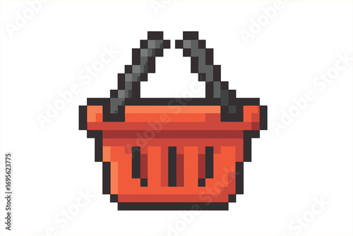 Shopping basket pixel art icon. E-commerce symbol for online store. Retail graphic element. 8-bit retro video game style buy button. Supermarket cart vector illustration.