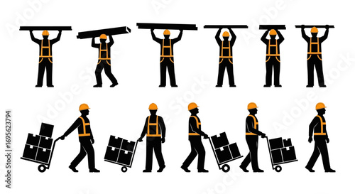 Construction workers carrying materials and equipment on site.