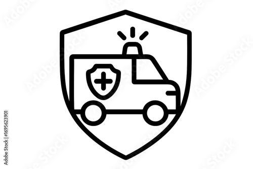 Ambulance car in a shield icon. Medical transport protection and health insurance concept. Emergency vehicle safety symbol. Line art vector for web and graphic design.