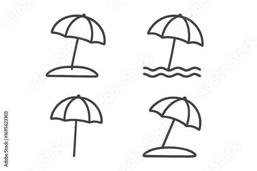 Beach umbrella and parasol simple line icon set. Summer vacation and travel concept. Sunshade for sun protection on sand and water. Editable stroke vector graphic symbols.