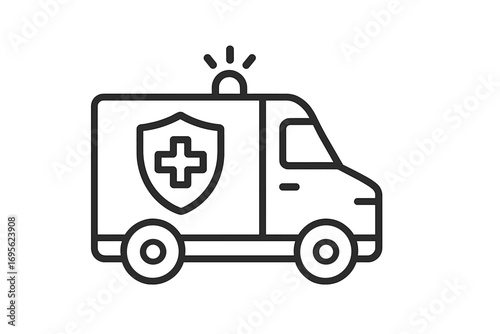 Ambulance vehicle icon. Emergency medical assistance van. Hospital transport service. Health care pictogram. Paramedic first aid rescue car. Safety shield with medical cross.