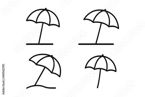 Beach umbrella line icon set. Simple sunshade and parasol vector collection for summer vacation. Minimalist outline symbols for sun protection. Isolated with editable stroke.
