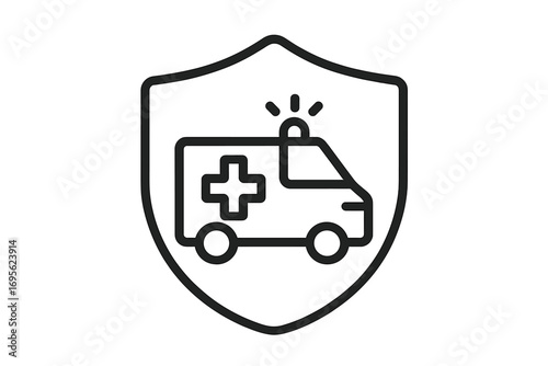 Ambulance in shield icon. Medical car insurance and health protection concept. Emergency vehicle symbol. Vector line pictogram for web, graphic design, apps, and cards.