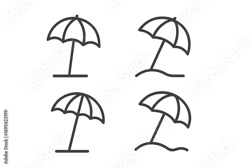 Beach umbrella line icon set. Parasol sunshade symbol for summer vacation. Simple isolated vector graphic for sun protection, holiday and travel concepts. Editable stroke.