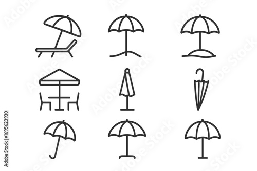 Parasol and umbrella line icon set. Beach sunshade, patio furniture, and rain protection symbols. Thin outline vector pictogram collection with editable stroke for web and apps.