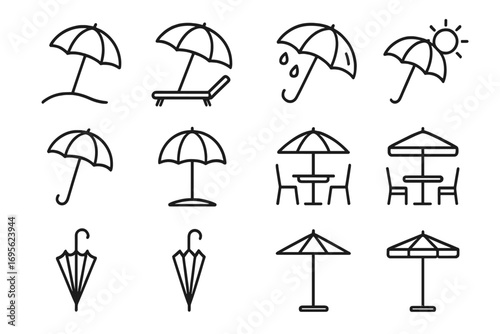 Umbrella and parasol thin line icon set. Beach sunshade, rain protection, and patio furniture icons. Summer vacation and weather concepts. Editable stroke vector illustration.