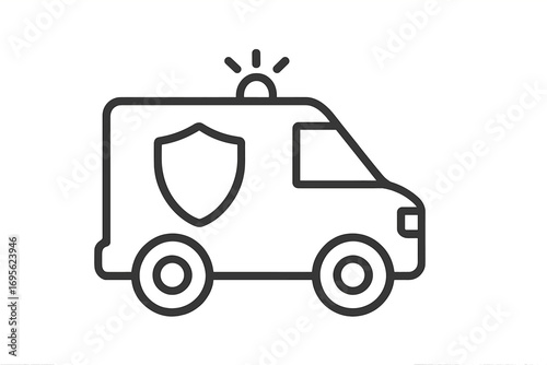 Armored truck line icon. Cash transit security van with shield. Vector for money protection, finance safety, banking concept. Secure transportation pictogram for web design.