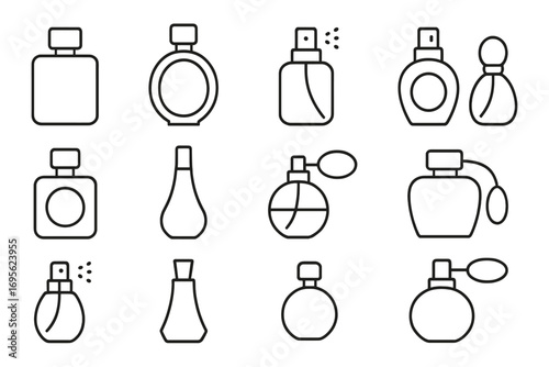 Perfume bottle line icon set. Fragrance and cosmetics outline vector collection. Beauty, cologne, and parfum symbols. Minimalist spray and atomizer bottle shapes for web.