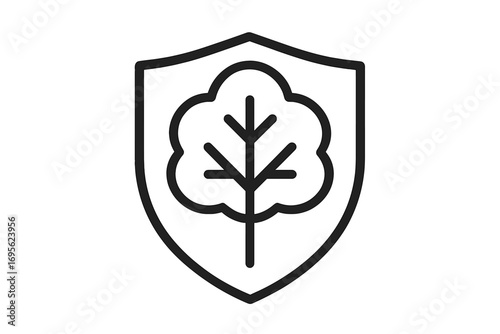 Tree in shield icon representing nature protection, environmental conservation. Eco safety, security symbol. Minimalist linear vector logo for web, app, and graphic design.