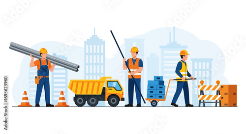 Construction workers with equipment on a construction site.