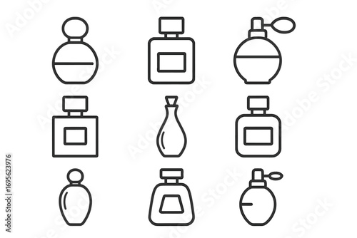 Perfume bottle line icon set. Fragrance, scent pictogram collection. Cosmetics, beauty product outline vector. Eau de toilette, parfum, cologne linear symbols. Editable stroke.