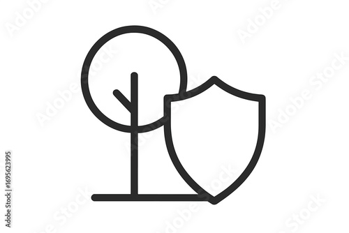 Nature protection, ecology, and environmental conservation concept. Tree and shield linear icon. Metaphor for safety, security, insurance, and sustainable growth. Vector logo.